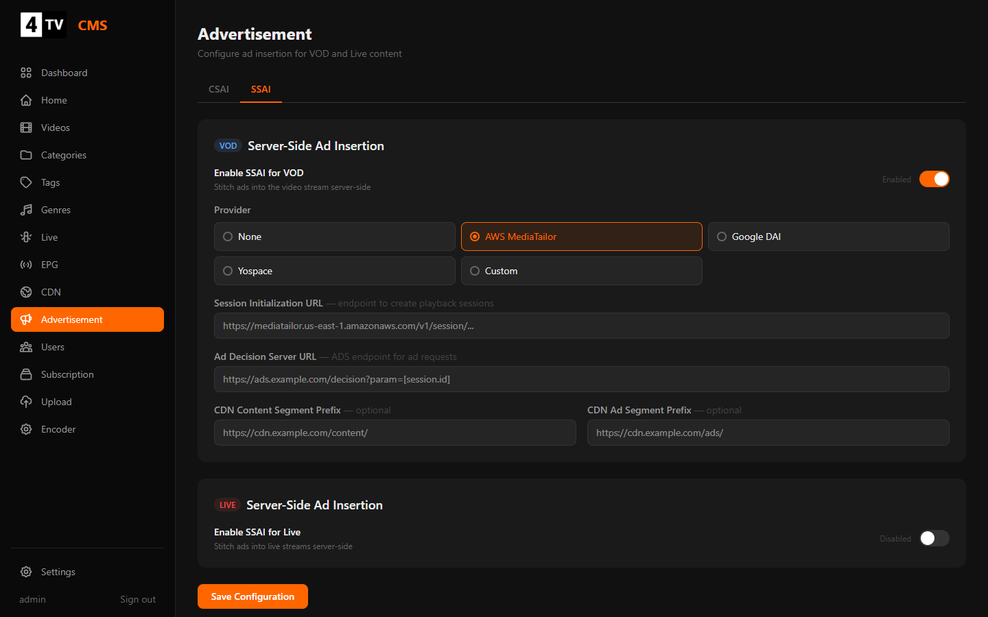 Separate SSAI toggles for VOD and live plus CSAI configuration.