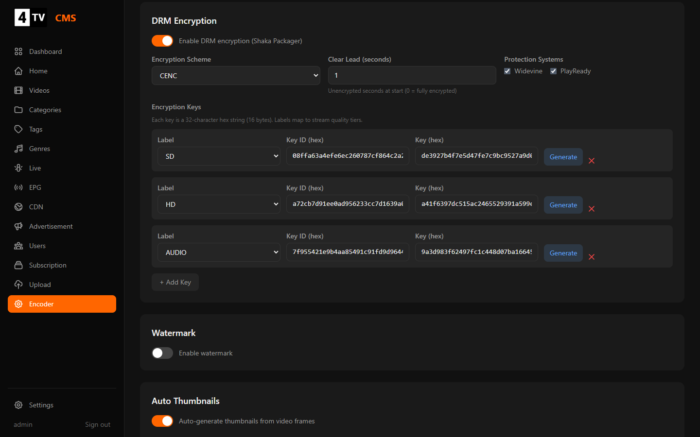 DRM encryption toggle and watermarking inside the encoder pipeline.