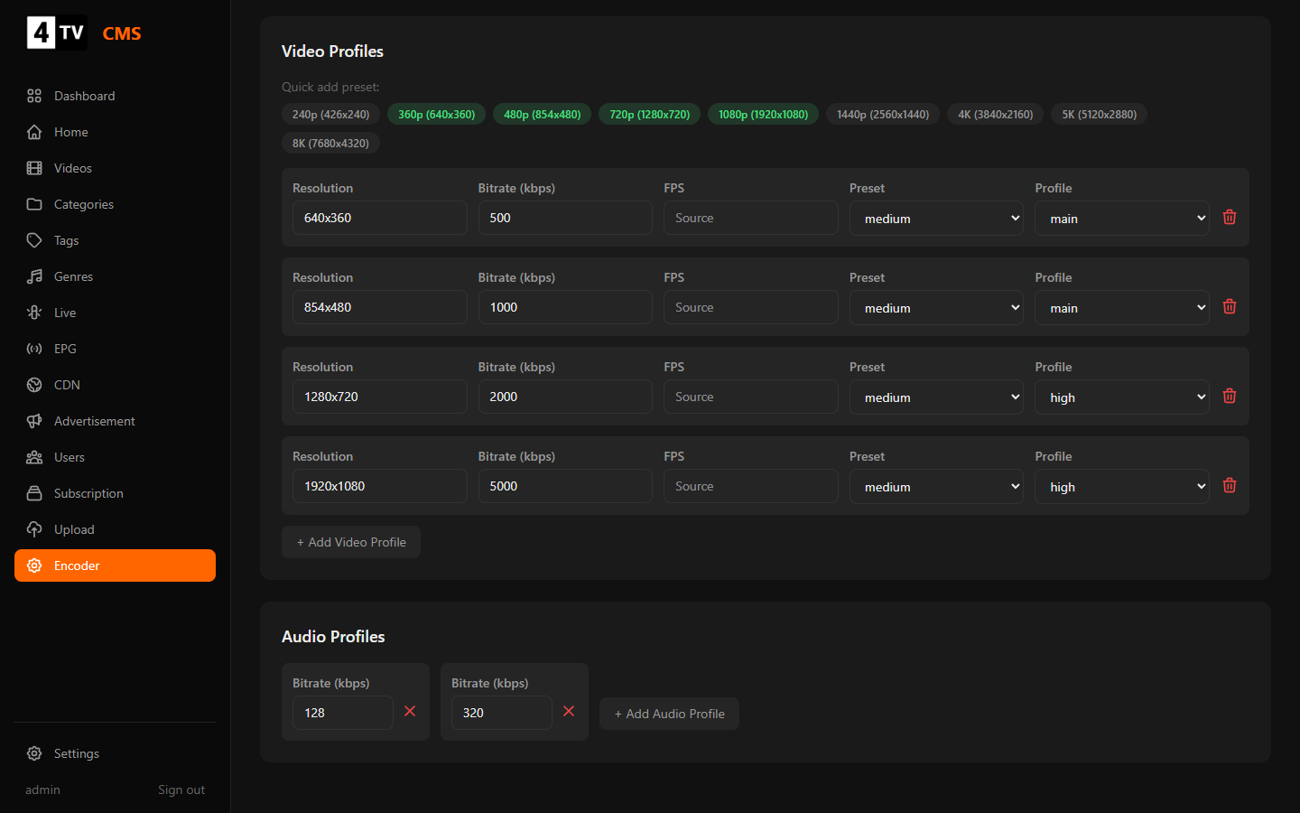 Encoder configuration: codec, DRM, watermark and profile presets.