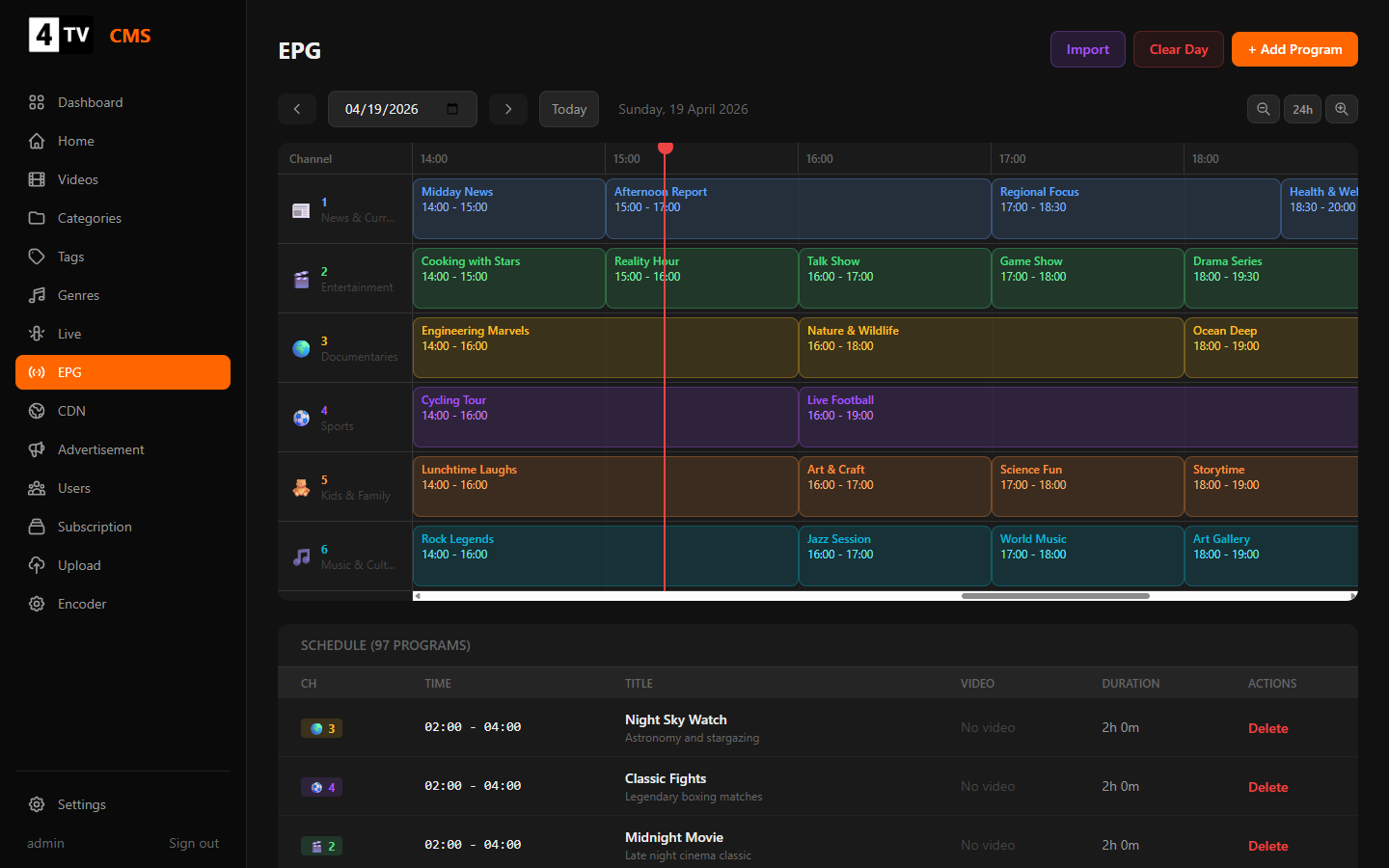 Per-day, per-channel EPG with live marker and import.