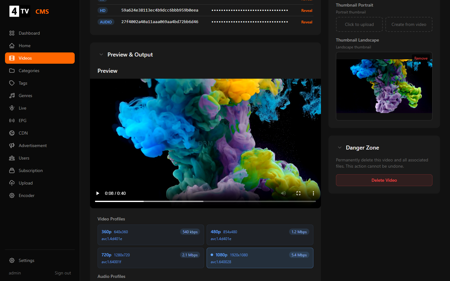 Drag-and-drop upload with auto-encode profile selection.