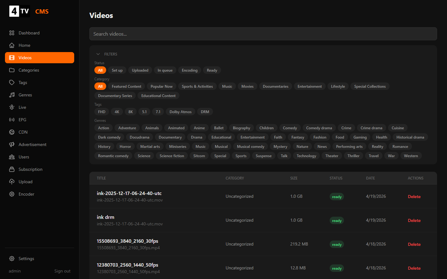 Catalogue view with status, category and tag filtering.